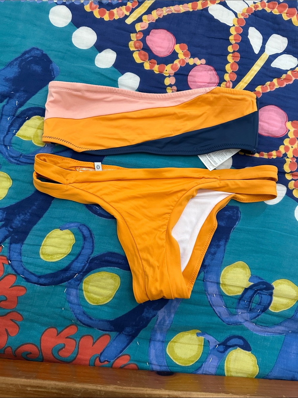 Rhythm Colorblock Bandeau Bikini Set in Peach, Orange & Navy